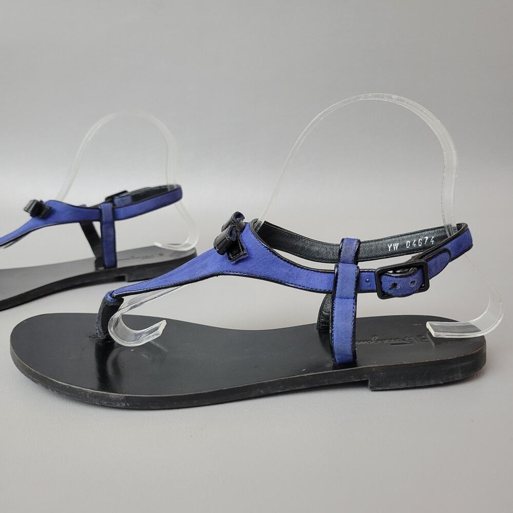 Salvatore Ferragamo Blue Suede Patent Thong Flat Sandals Bow Slingback Size 9 - Picture 2 of 11